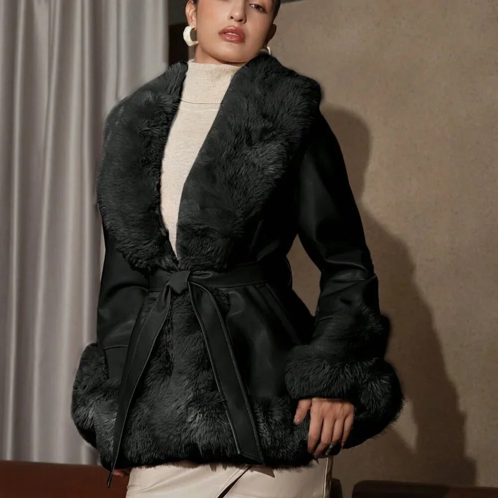 Black Elegant Women's Plaid Patchwork Coat With Collar And Belt